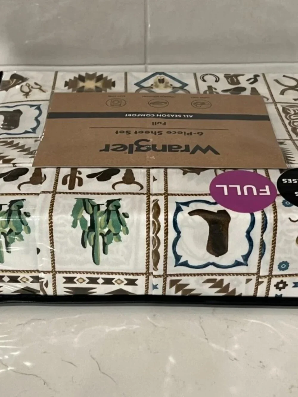WRANGLER FULL Sheet Set 6pc New White Brown Tiles Western Cowboy Boots Hat Horse